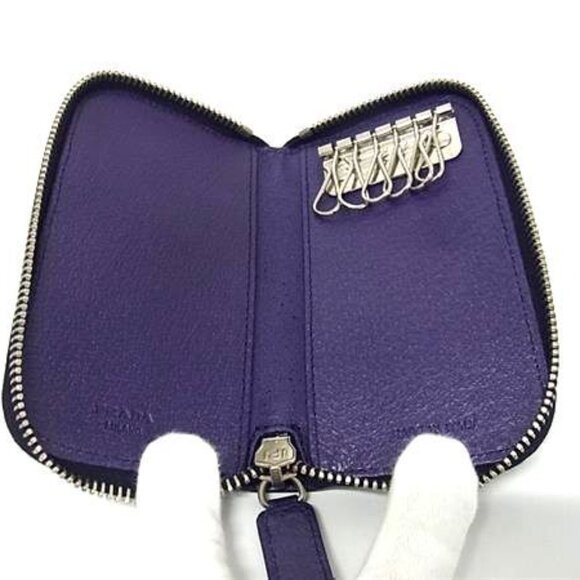 Prada Key Case Purple Leather Zip Around 6 Rows Silver - Picture 4 of 5